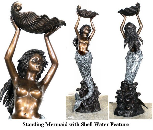 Mermaid Standing With Shell Water Feature Garden Fountain Spills Sea
